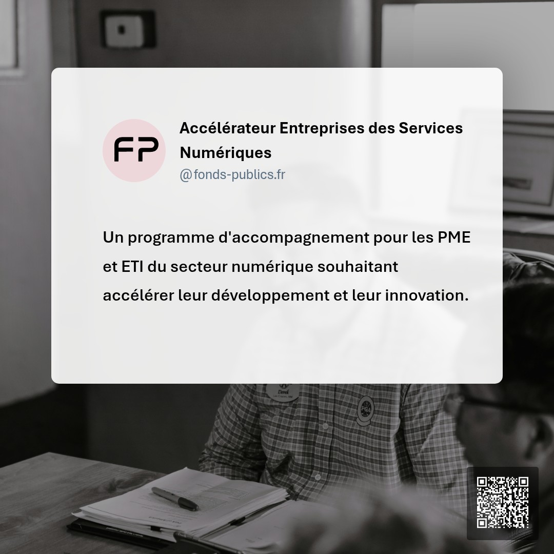 Accélérateur Entreprises des Services Numériques : Un programme d'accompagnement pour les PME et ETI du secteur numérique souhaitant accélérer leur développement et leur innovation.