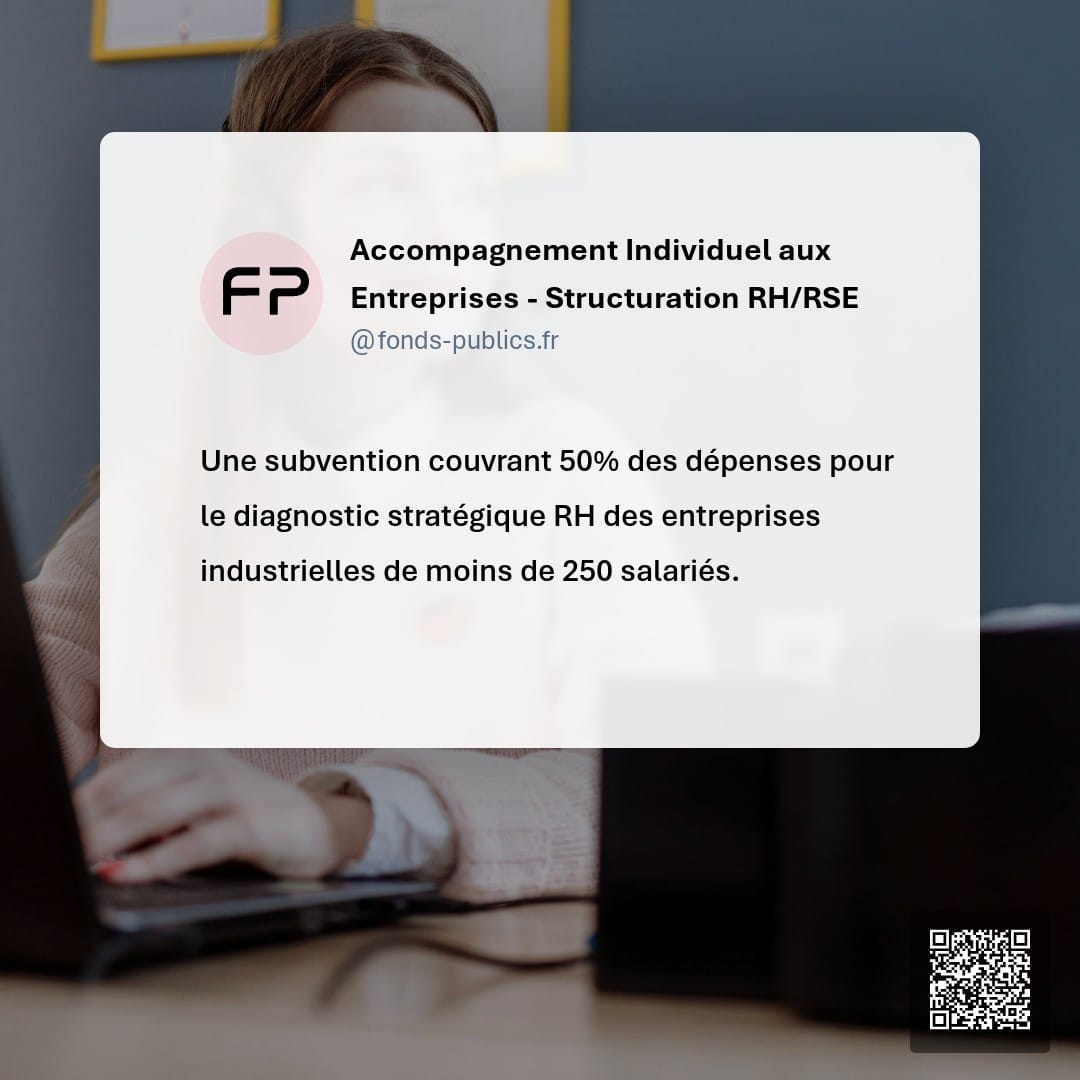 Accompagnement Individuel aux Entreprises - Structuration RH/RSE : Une subvention couvrant 50% des dépenses pour le diagnostic stratégique RH des entreprises industrielles de moins de 250 salariés.
