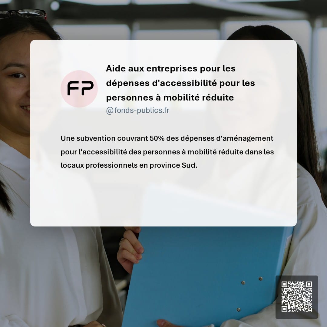 Aide aux entreprises pour les dépenses d'accessibilité pour les personnes à mobilité réduite : Une subvention couvrant 50% des dépenses d'aménagement pour l'accessibilité des personnes à mobilité réduite dans les locaux professionnels en province Sud.