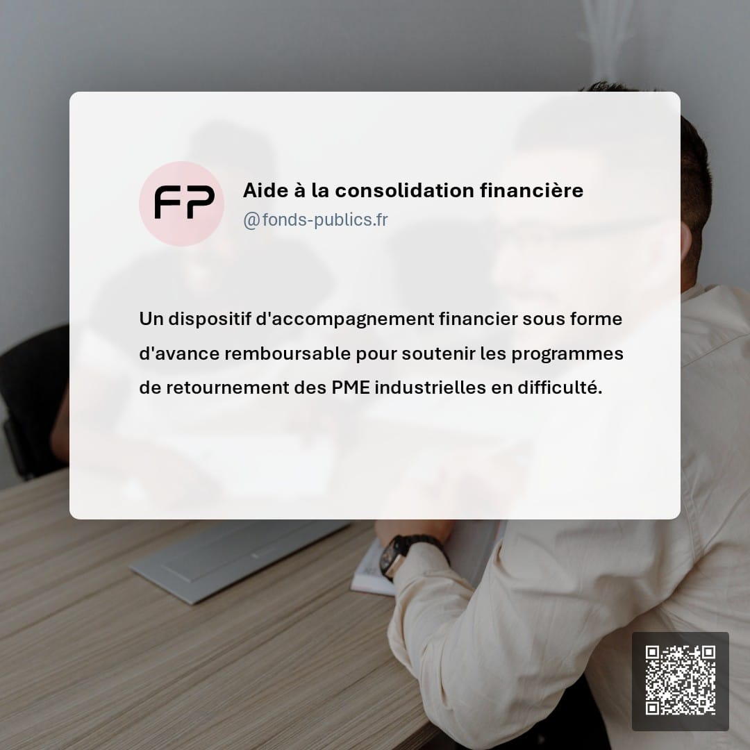 Aide à la consolidation financière : Un dispositif d'accompagnement financier sous forme d'avance remboursable pour soutenir les programmes de retournement des PME industrielles en difficulté.