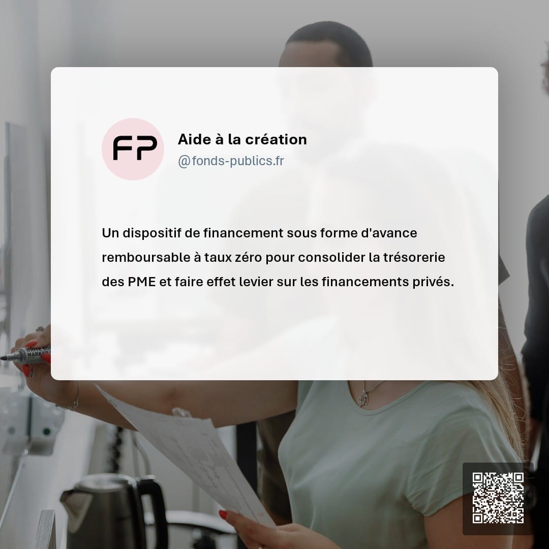 Aide à la création : Un dispositif de financement sous forme d'avance remboursable à taux zéro pour consolider la trésorerie des PME et faire effet levier sur les financements privés.