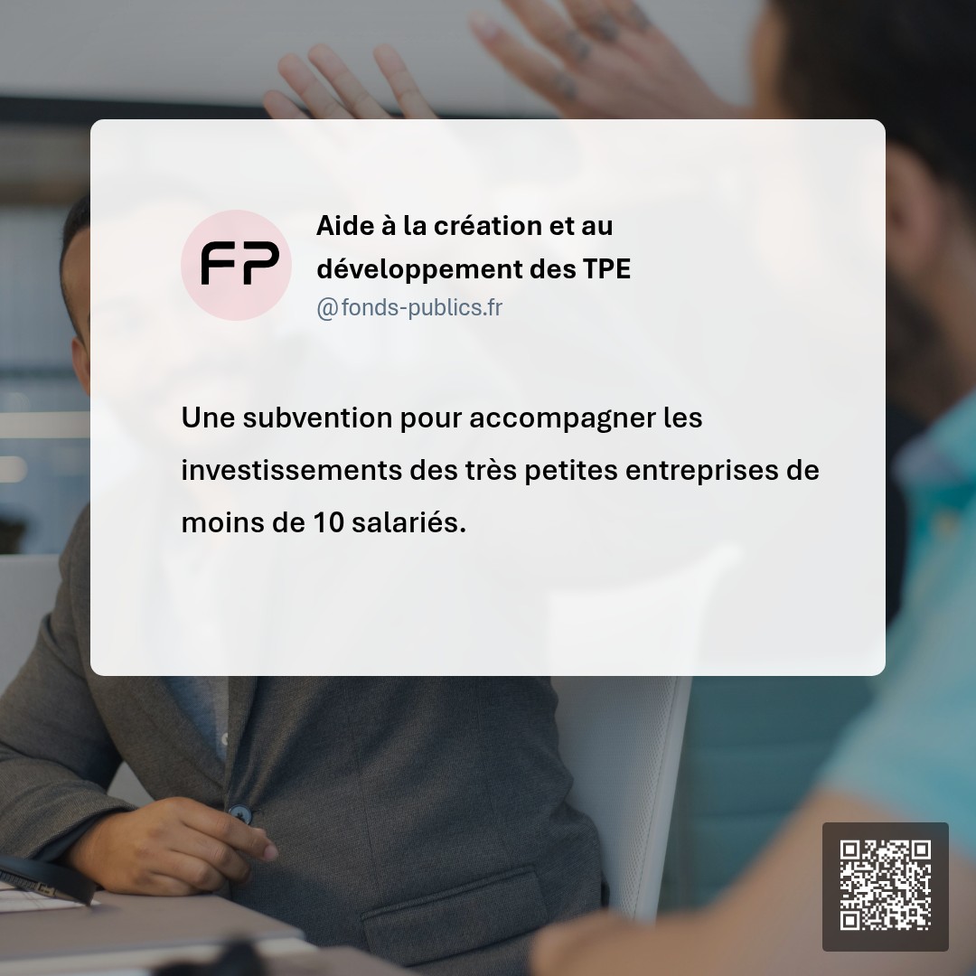 Aide à la création et au développement des TPE : Une subvention pour accompagner les investissements des très petites entreprises de moins de 10 salariés.