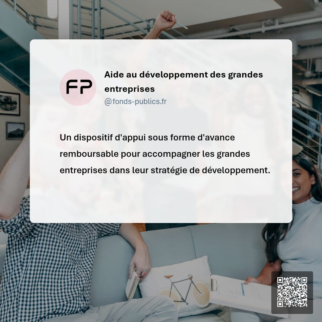 Aide au développement des grandes entreprises : Un dispositif d'appui sous forme d'avance remboursable pour accompagner les grandes entreprises dans leur stratégie de développement.