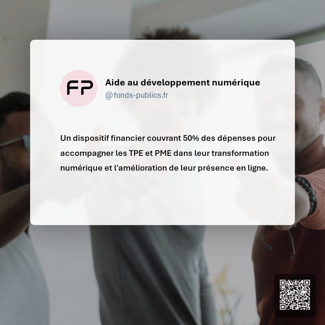Aide au développement numérique : Un dispositif financier couvrant 50% des dépenses pour accompagner les TPE et PME dans leur transformation numérique et l'amélioration de leur présence en ligne.