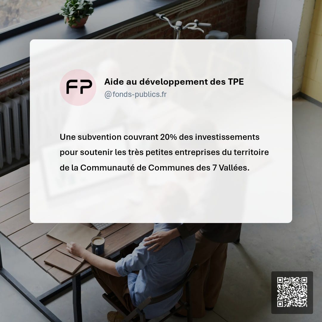 Aide au développement des TPE : Une subvention couvrant 20% des investissements pour soutenir les très petites entreprises du territoire de la Communauté de Communes des 7 Vallées.
