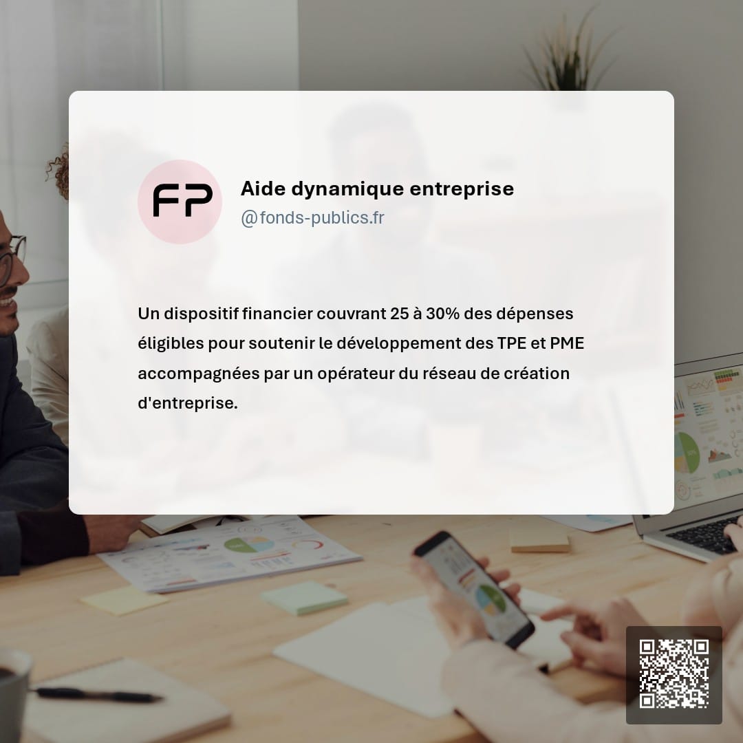 Aide dynamique entreprise : Un dispositif financier couvrant 25 à 30% des dépenses éligibles pour soutenir le développement des TPE et PME accompagnées par un opérateur du réseau de création d'entreprise.
