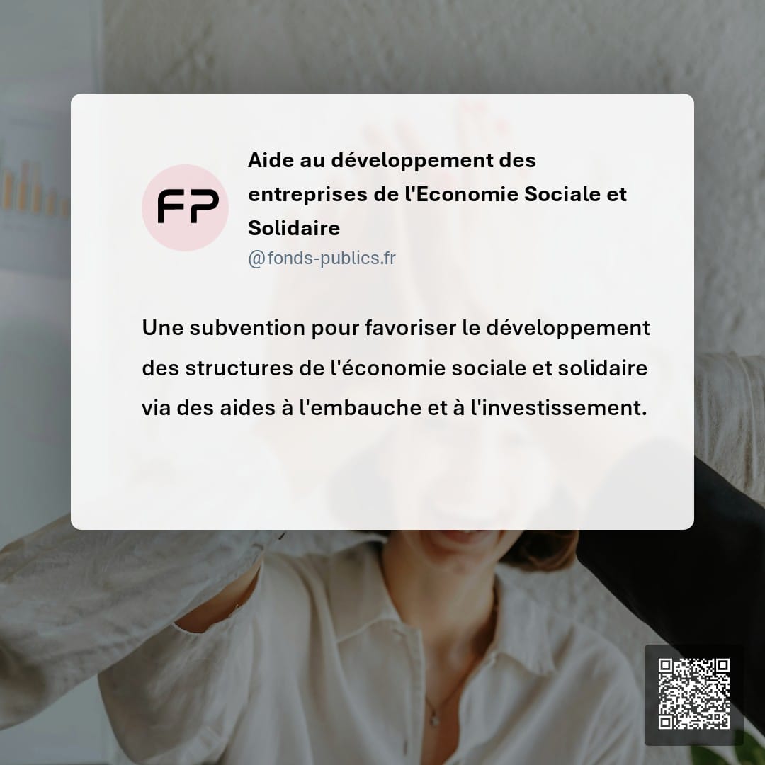 Aide au développement des entreprises de l'Economie Sociale et Solidaire : Une subvention pour favoriser le développement des structures de l'économie sociale et solidaire via des aides à l'embauche et à l'investissement.