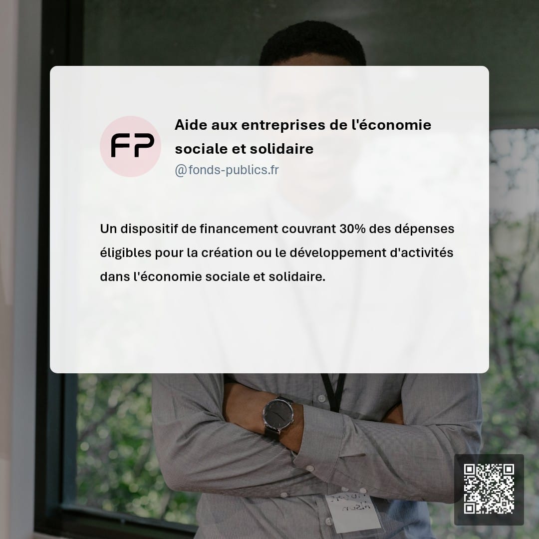 Aide aux entreprises de l'économie sociale et solidaire : Un dispositif de financement couvrant 30% des dépenses éligibles pour la création ou le développement d'activités dans l'économie sociale et solidaire.