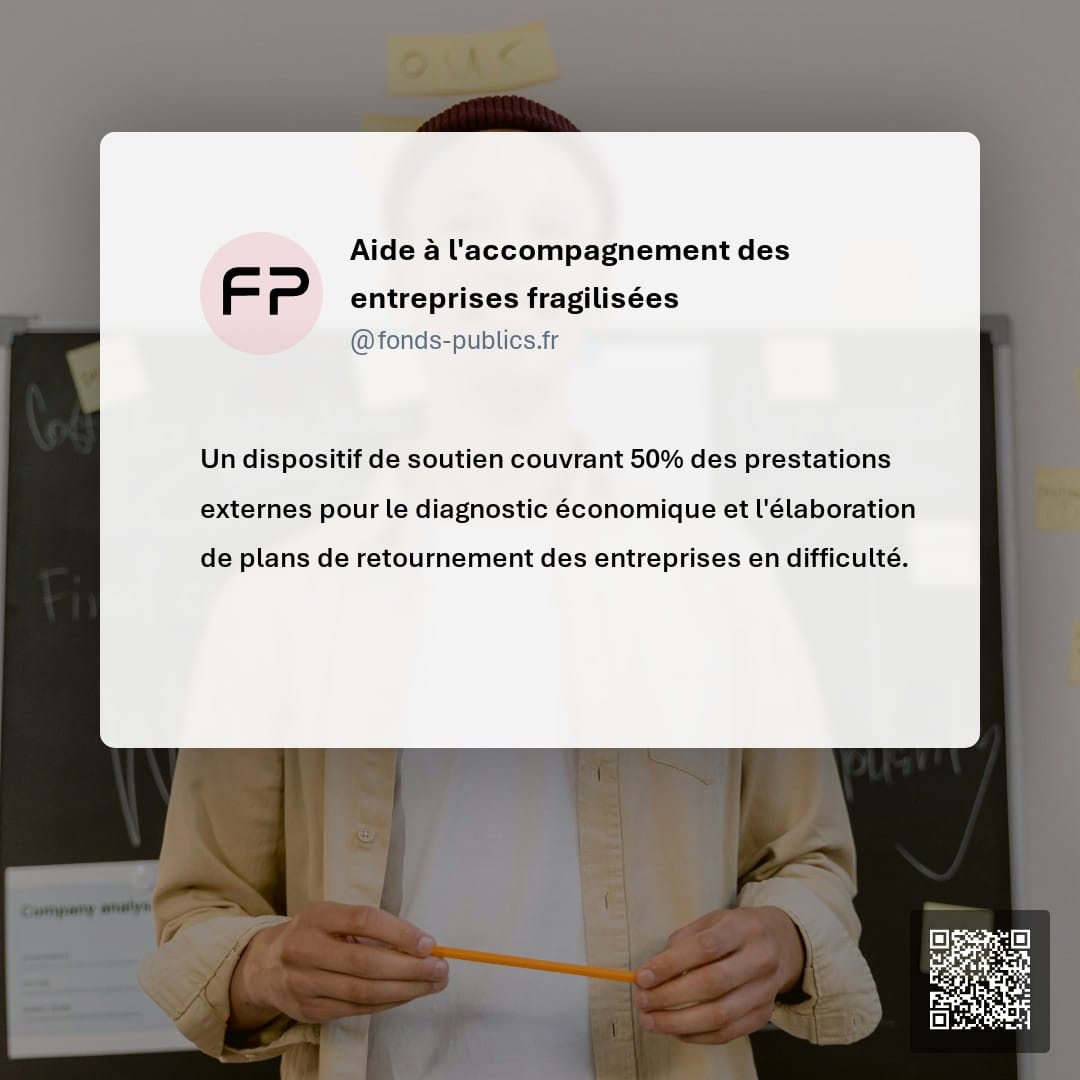 Aide à l'accompagnement des entreprises fragilisées : Un dispositif de soutien couvrant 50% des prestations externes pour le diagnostic économique et l'élaboration de plans de retournement des entreprises en difficulté.