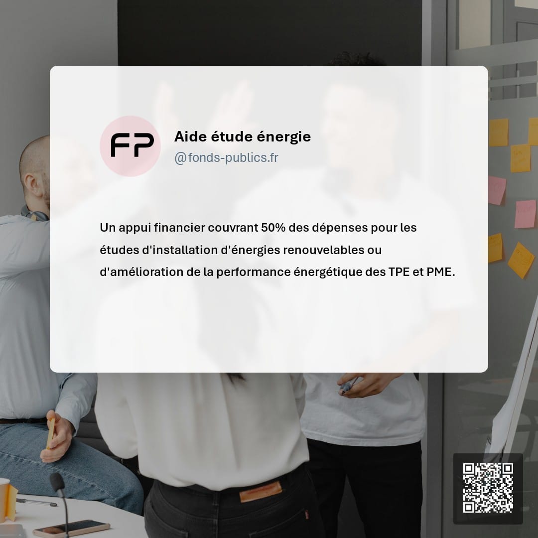 Aide étude énergie : Un appui financier couvrant 50% des dépenses pour les études d'installation d'énergies renouvelables ou d'amélioration de la performance énergétique des TPE et PME.