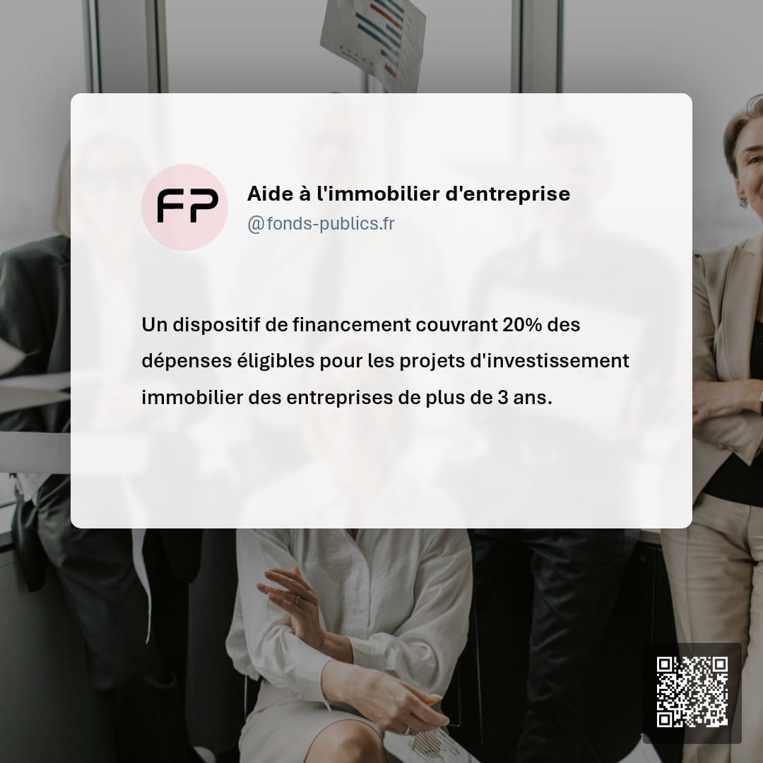 Aide à l'immobilier d'entreprise : Un dispositif de financement couvrant 20% des dépenses éligibles pour les projets d'investissement immobilier des entreprises de plus de 3 ans.