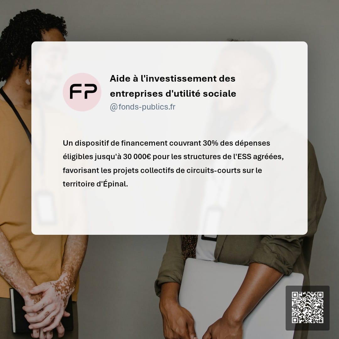 Aide à l'investissement des entreprises d'utilité sociale : Un dispositif de financement couvrant 30% des dépenses éligibles jusqu'à 30 000€ pour les structures de l'ESS agréées