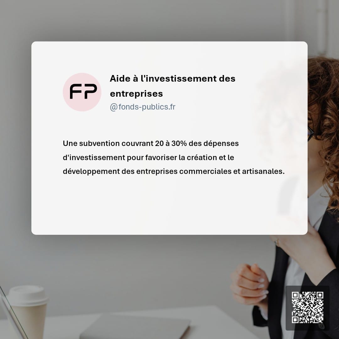 Aide à l'investissement des entreprises : Une subvention couvrant 20 à 30% des dépenses d'investissement pour favoriser la création et le développement des entreprises commerciales et artisanales.