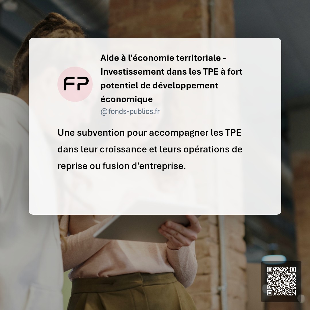 Aide à l'économie territoriale - Investissement dans les TPE à fort potentiel de développement économique : Une subvention pour accompagner les TPE dans leur croissance et leurs opérations de reprise ou fusion d'entreprise.