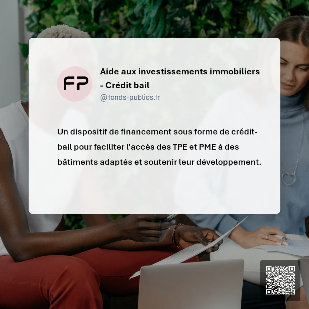 Aide aux investissements immobiliers - Crédit bail : Un dispositif de financement sous forme de crédit-bail pour faciliter l'accès des TPE et PME à des bâtiments adaptés et soutenir leur développement.
