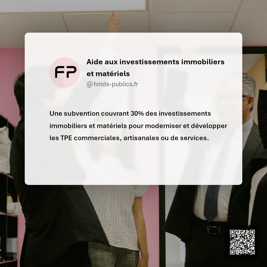 Aide aux investissements immobiliers et matériels : Une subvention couvrant 30% des investissements immobiliers et matériels pour moderniser et développer les TPE commerciales