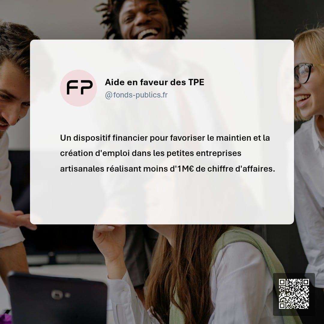 Aide en faveur des TPE : Un dispositif financier pour favoriser le maintien et la création d'emploi dans les petites entreprises artisanales réalisant moins d'1M€ de chiffre d'affaires.