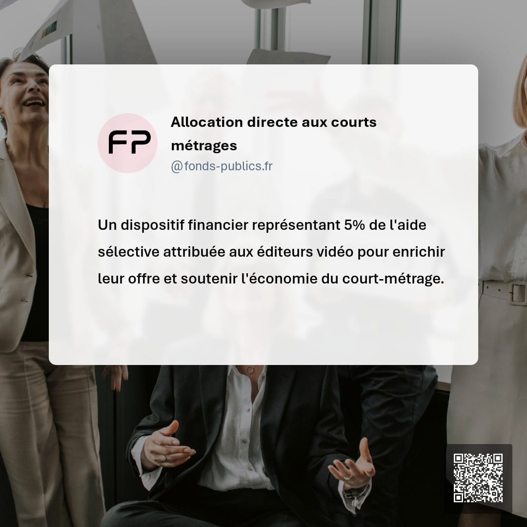 Allocation directe aux courts métrages : Un dispositif financier représentant 5% de l'aide sélective attribuée aux éditeurs vidéo pour enrichir leur offre et soutenir l'économie du court-métrage.