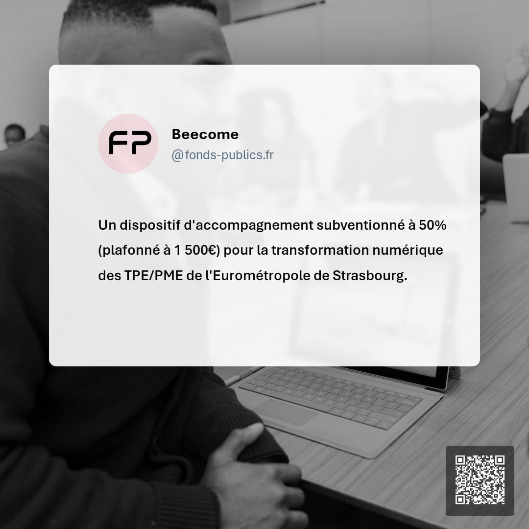 Beecome : Un dispositif d'accompagnement subventionné à 50% (plafonné à 1 500€) pour la transformation numérique des TPE/PME de l'Eurométropole de Strasbourg.