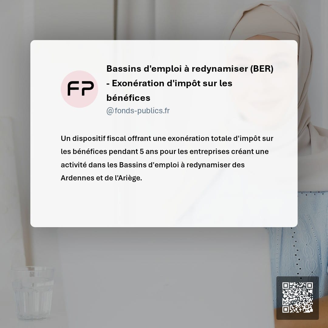 Bassins d'emploi à redynamiser (BER) - Exonération d'impôt sur les bénéfices : Un dispositif fiscal offrant une exonération totale d'impôt sur les bénéfices pendant 5 ans pour les entreprises créant une activité dans les Bassins d'emploi à redynamiser des Ardennes et de l'Ariège.