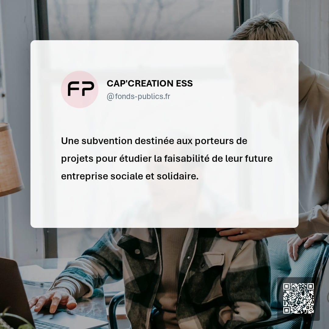 CAP'CREATION ESS : Une subvention destinée aux porteurs de projets pour étudier la faisabilité de leur future entreprise sociale et solidaire.