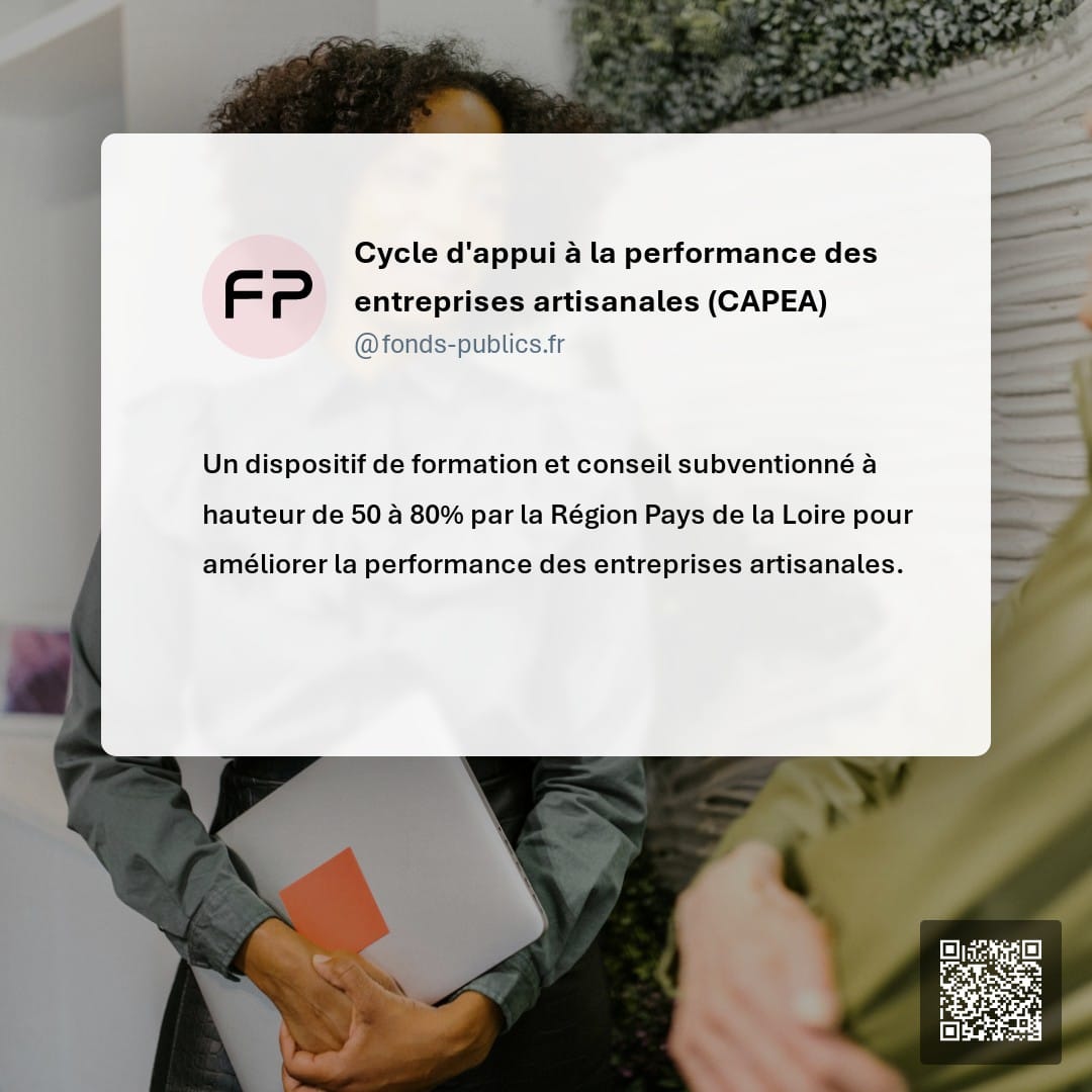Cycle d'appui à la performance des entreprises artisanales (CAPEA) : Un dispositif de formation et conseil subventionné à hauteur de 50 à 80% par la Région Pays de la Loire pour améliorer la performance des entreprises artisanales.