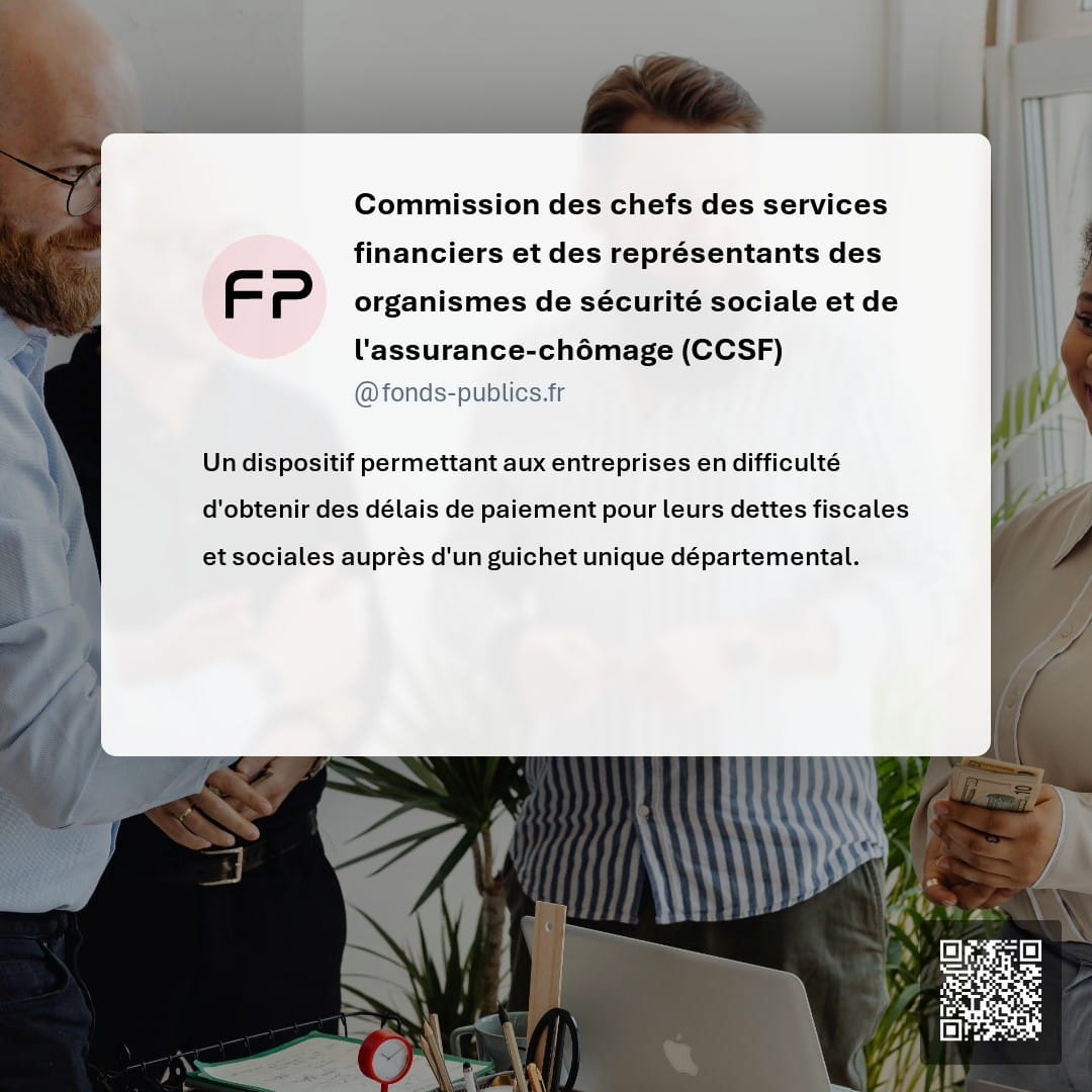 Commission des chefs des services financiers et des représentants des organismes de sécurité sociale et de l'assurance-chômage (CCSF) : Un dispositif permettant aux entreprises en difficulté d'obtenir des délais de paiement pour leurs dettes fiscales et sociales auprès d'un guichet unique départemental.