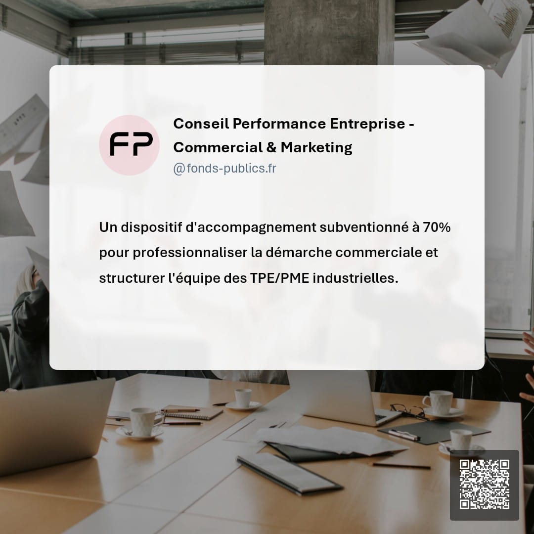 Conseil Performance Entreprise - Commercial & Marketing : Un dispositif d'accompagnement subventionné à 70% pour professionnaliser la démarche commerciale et structurer l'équipe des TPE/PME industrielles.