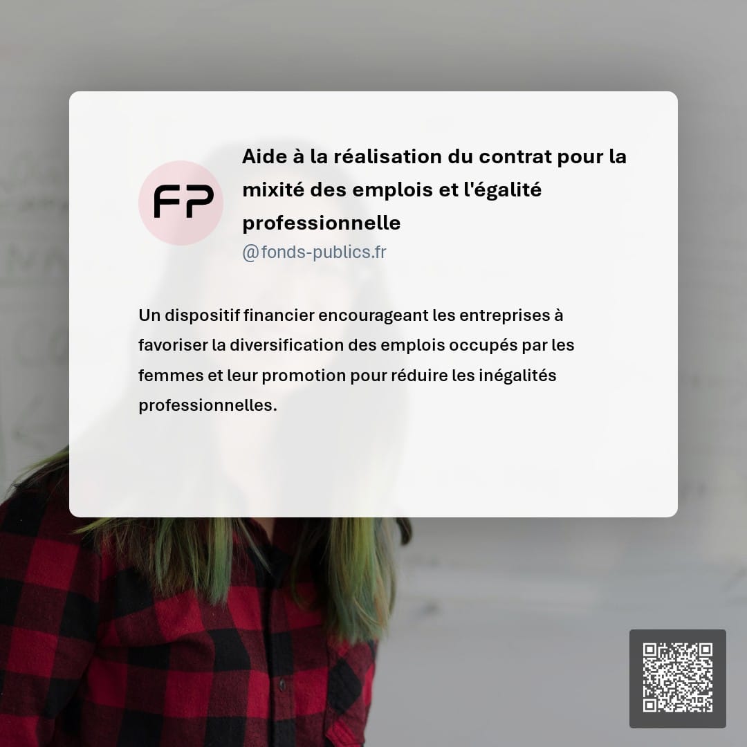 Aide à la réalisation du contrat pour la mixité des emplois et l'égalité professionnelle : Un dispositif financier encourageant les entreprises à favoriser la diversification des emplois occupés par les femmes et leur promotion pour réduire les inégalités professionnelles.