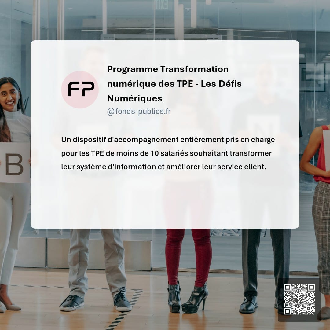 Programme Transformation numérique des TPE - Les Défis Numériques : Un dispositif d'accompagnement entièrement pris en charge pour les TPE de moins de 10 salariés souhaitant transformer leur système d'information et améliorer leur service client.