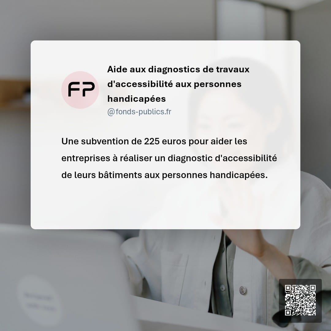 Aide aux diagnostics de travaux d'accessibilité aux personnes handicapées : Une subvention de 225 euros pour aider les entreprises à réaliser un diagnostic d'accessibilité de leurs bâtiments aux personnes handicapées.