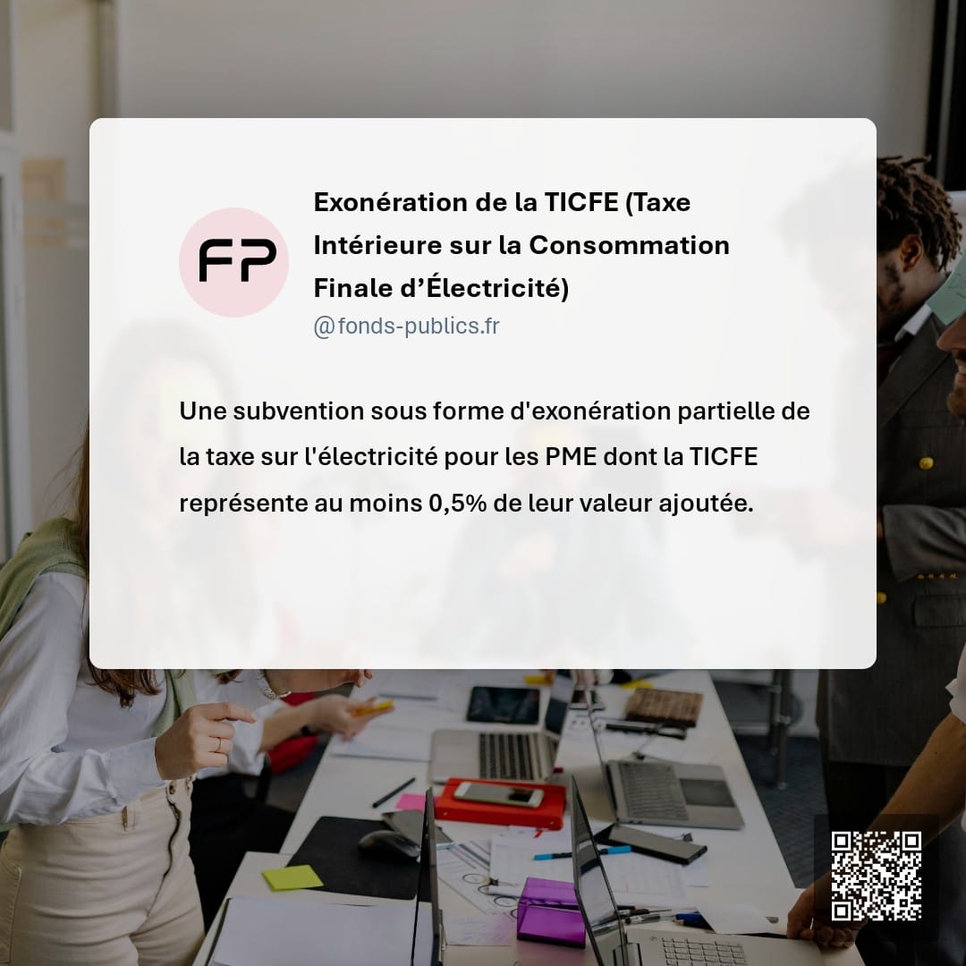 Exonération de la TICFE (Taxe Intérieure sur la Consommation Finale d’Électricité) : Une subvention sous forme d'exonération partielle de la taxe sur l'électricité pour les PME dont la TICFE représente au moins 0