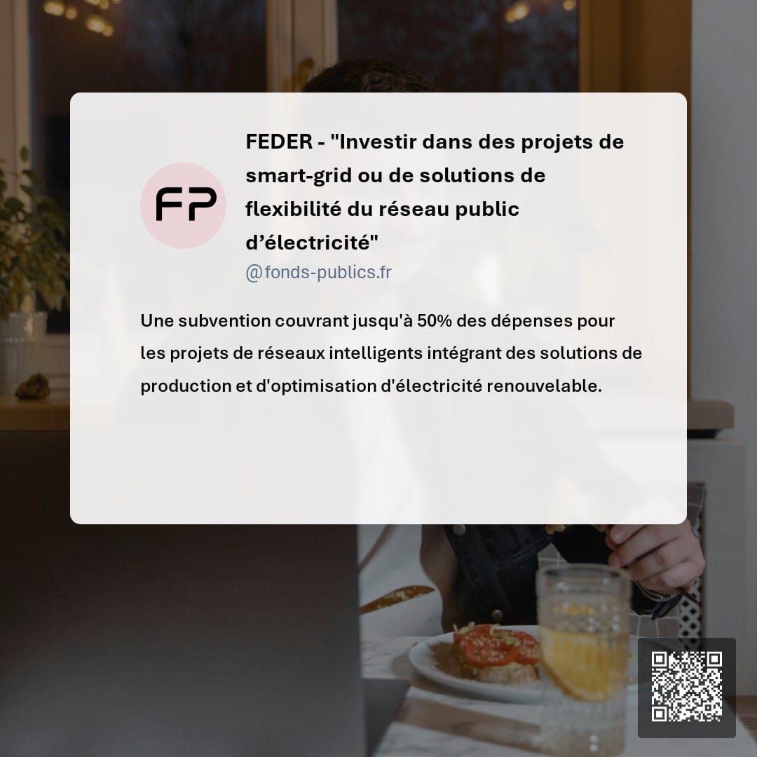 FEDER - "Investir dans des projets de smart-grid ou de solutions de flexibilité du réseau public d’électricité" : Une subvention couvrant jusqu'à 50% des dépenses pour les projets de réseaux intelligents intégrant des solutions de production et d'optimisation d'électricité renouvelable.