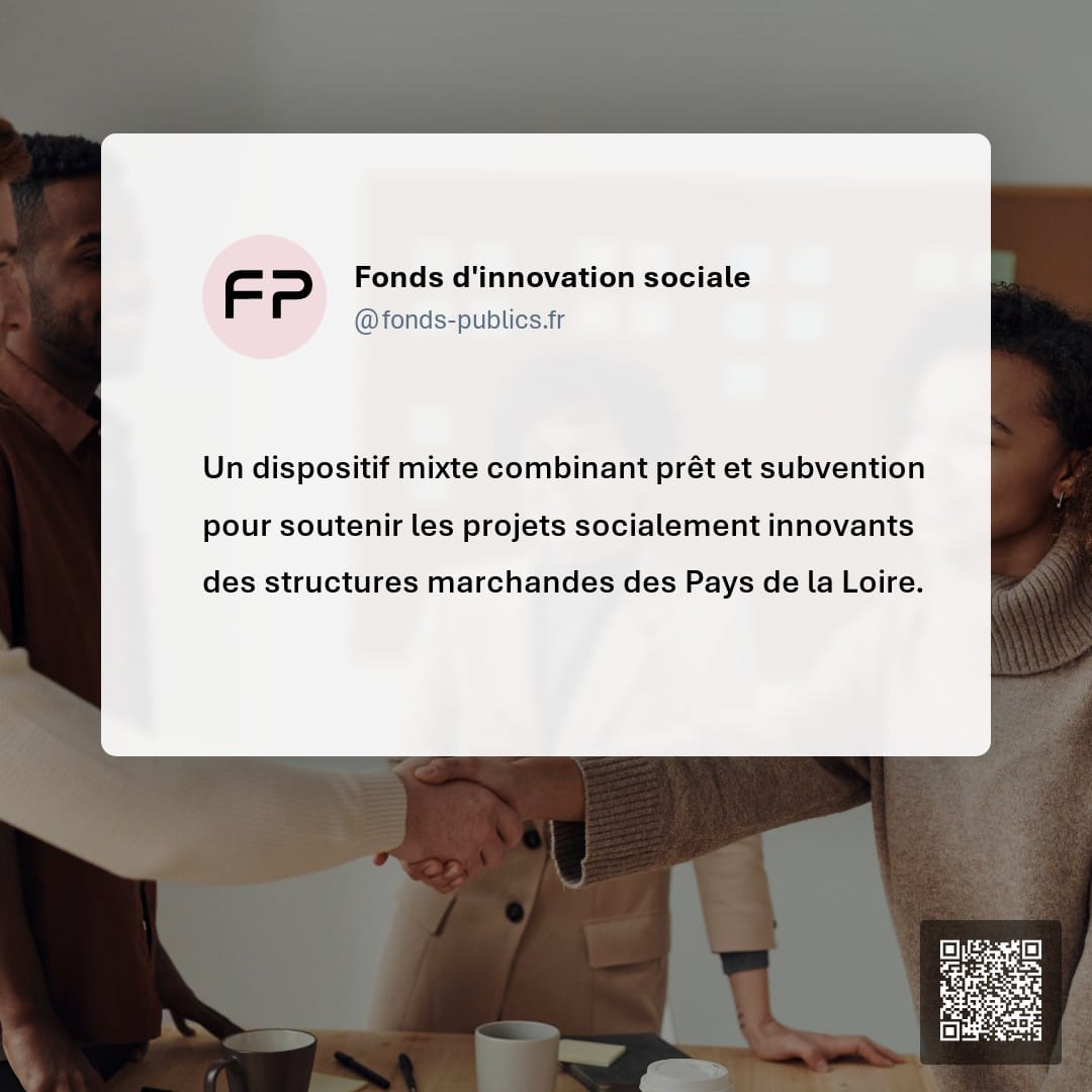 Fonds d'innovation sociale : Un dispositif mixte combinant prêt et subvention pour soutenir les projets socialement innovants des structures marchandes des Pays de la Loire.