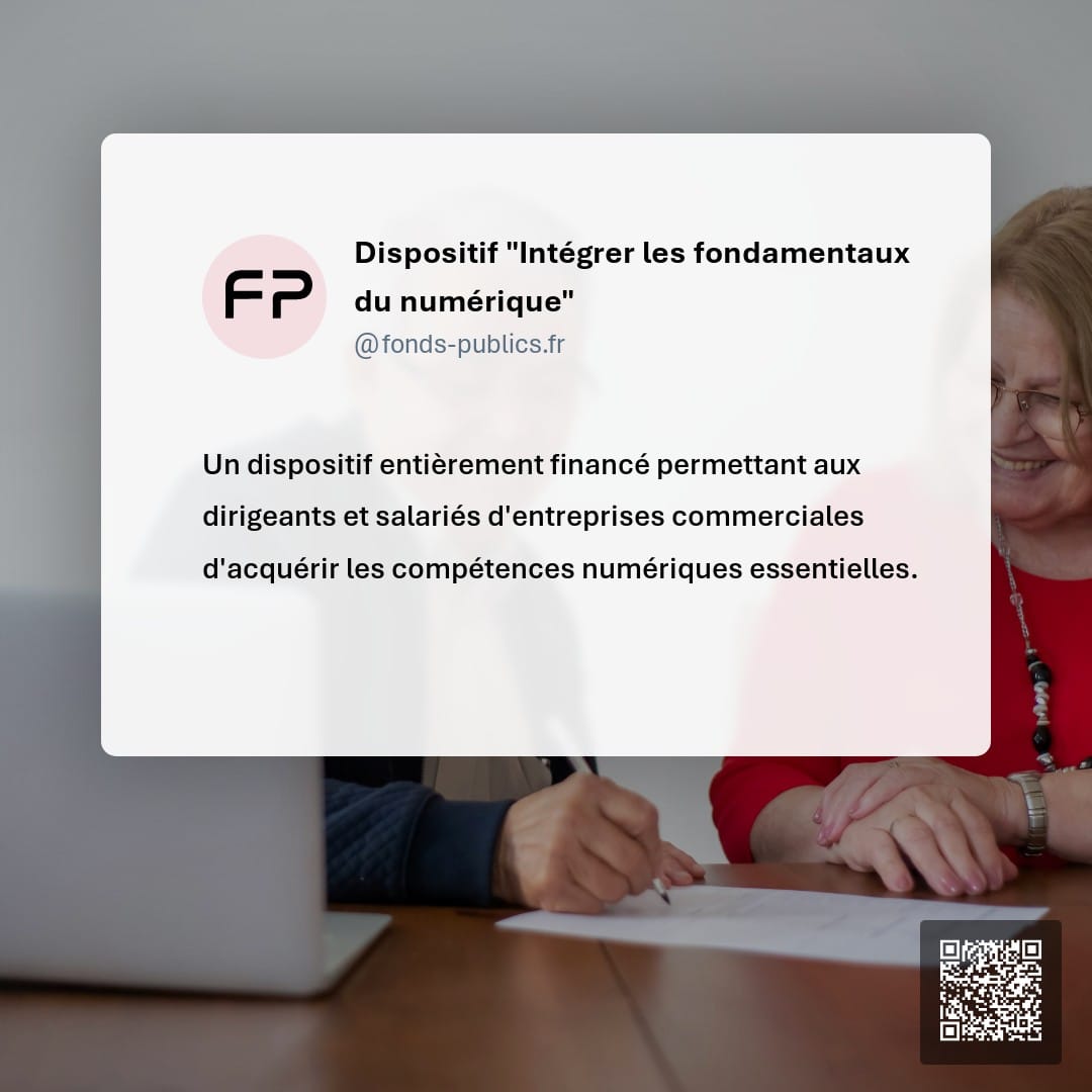 Dispositif "Intégrer les fondamentaux du numérique" : Un dispositif entièrement financé permettant aux dirigeants et salariés d'entreprises commerciales d'acquérir les compétences numériques essentielles.