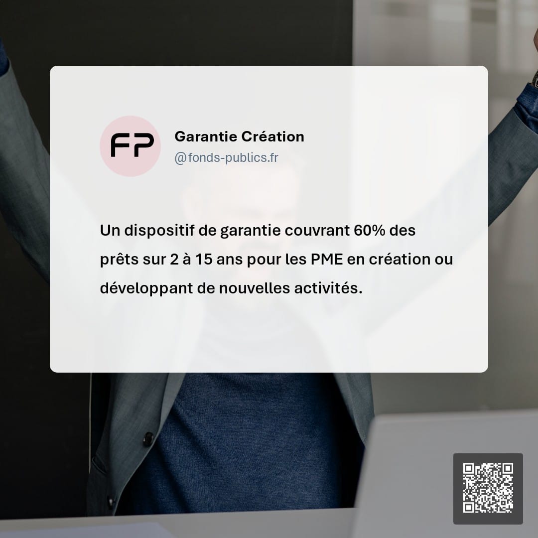 Garantie Création : Un dispositif de garantie couvrant 60% des prêts sur 2 à 15 ans pour les PME en création ou développant de nouvelles activités.