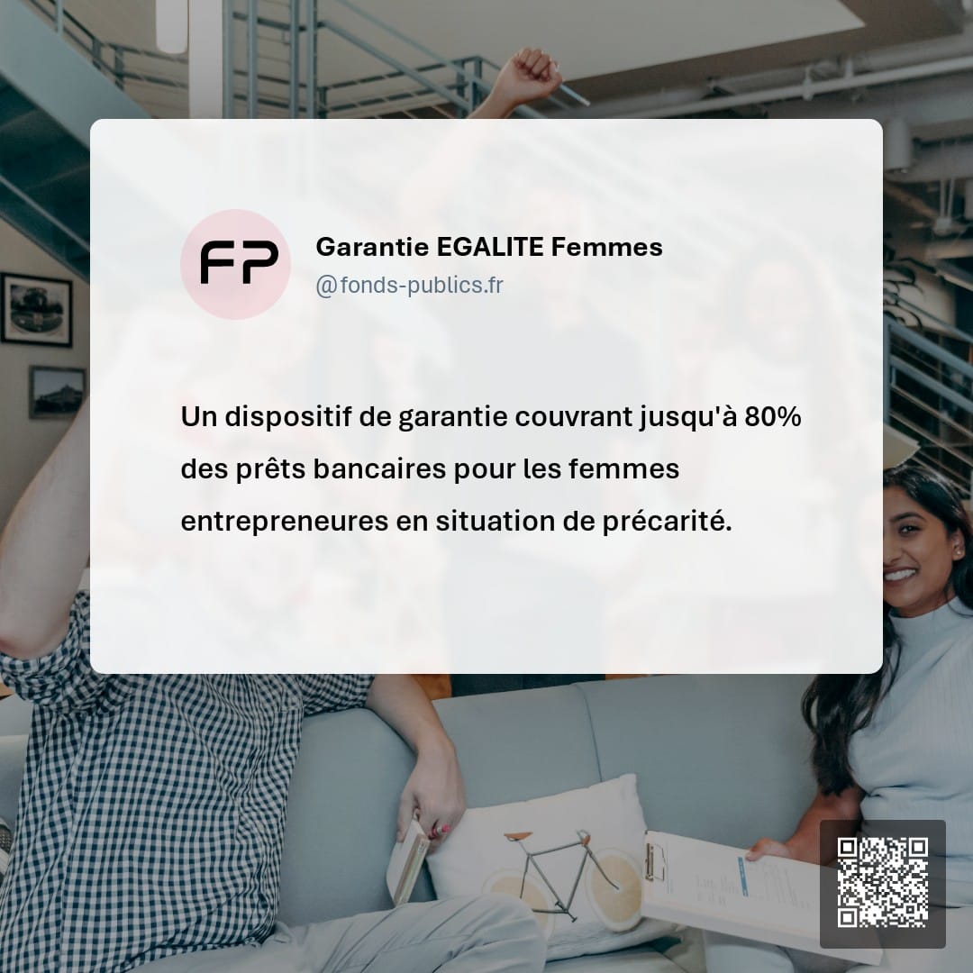 Garantie EGALITE Femmes : Un dispositif de garantie couvrant jusqu'à 80% des prêts bancaires pour les femmes entrepreneures en situation de précarité.