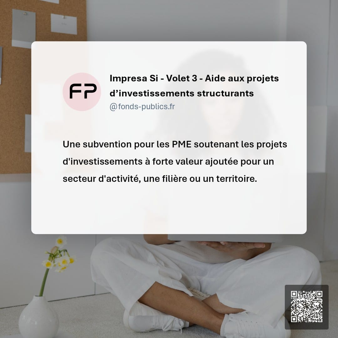 Impresa Si - Volet 3 - Aide aux projets d’investissements structurants : Une subvention pour les PME soutenant les projets d'investissements à forte valeur ajoutée pour un secteur d'activité