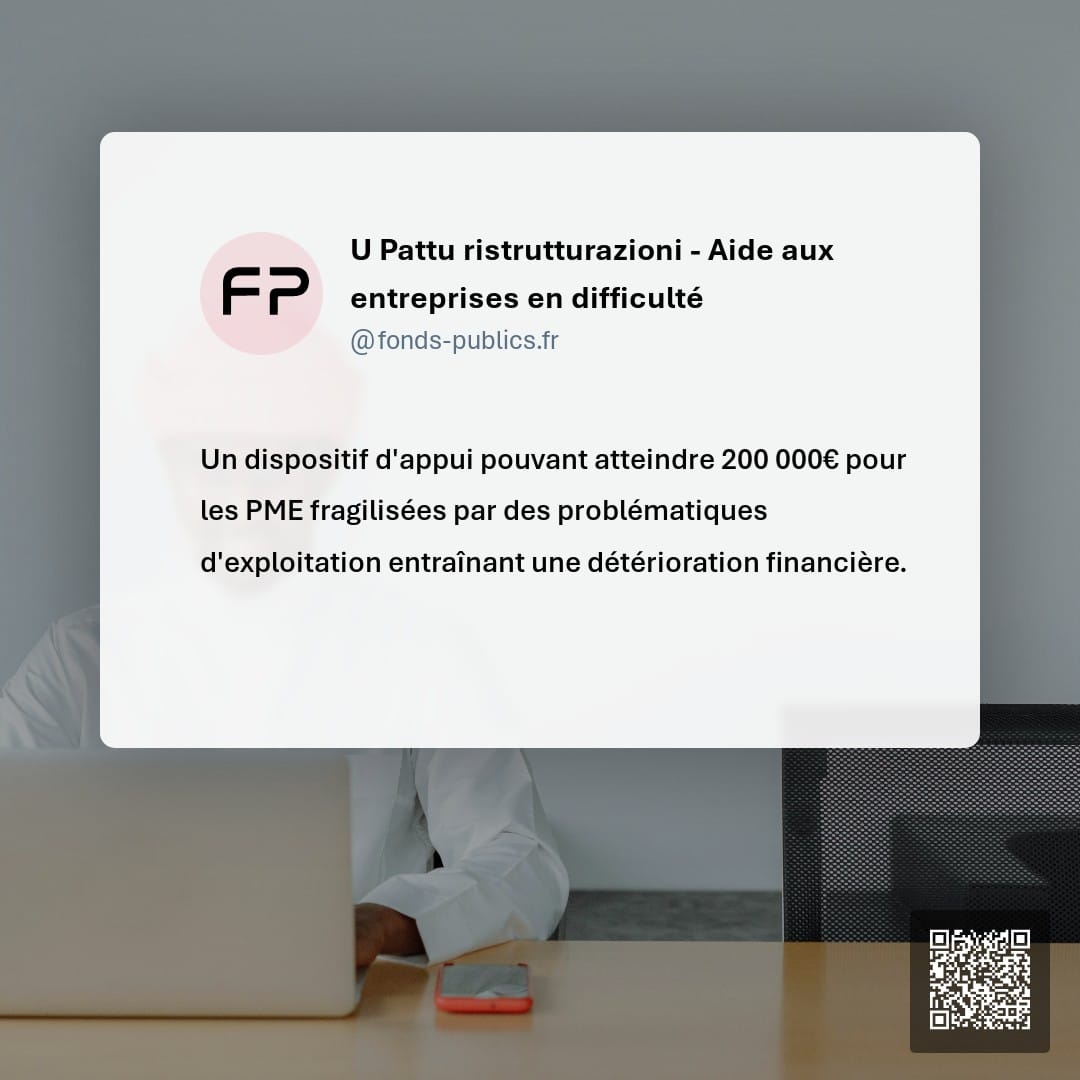 U Pattu ristrutturazioni - Aide aux entreprises en difficulté : Un dispositif d'appui pouvant atteindre 200 000€ pour les PME fragilisées par des problématiques d'exploitation entraînant une détérioration financière.