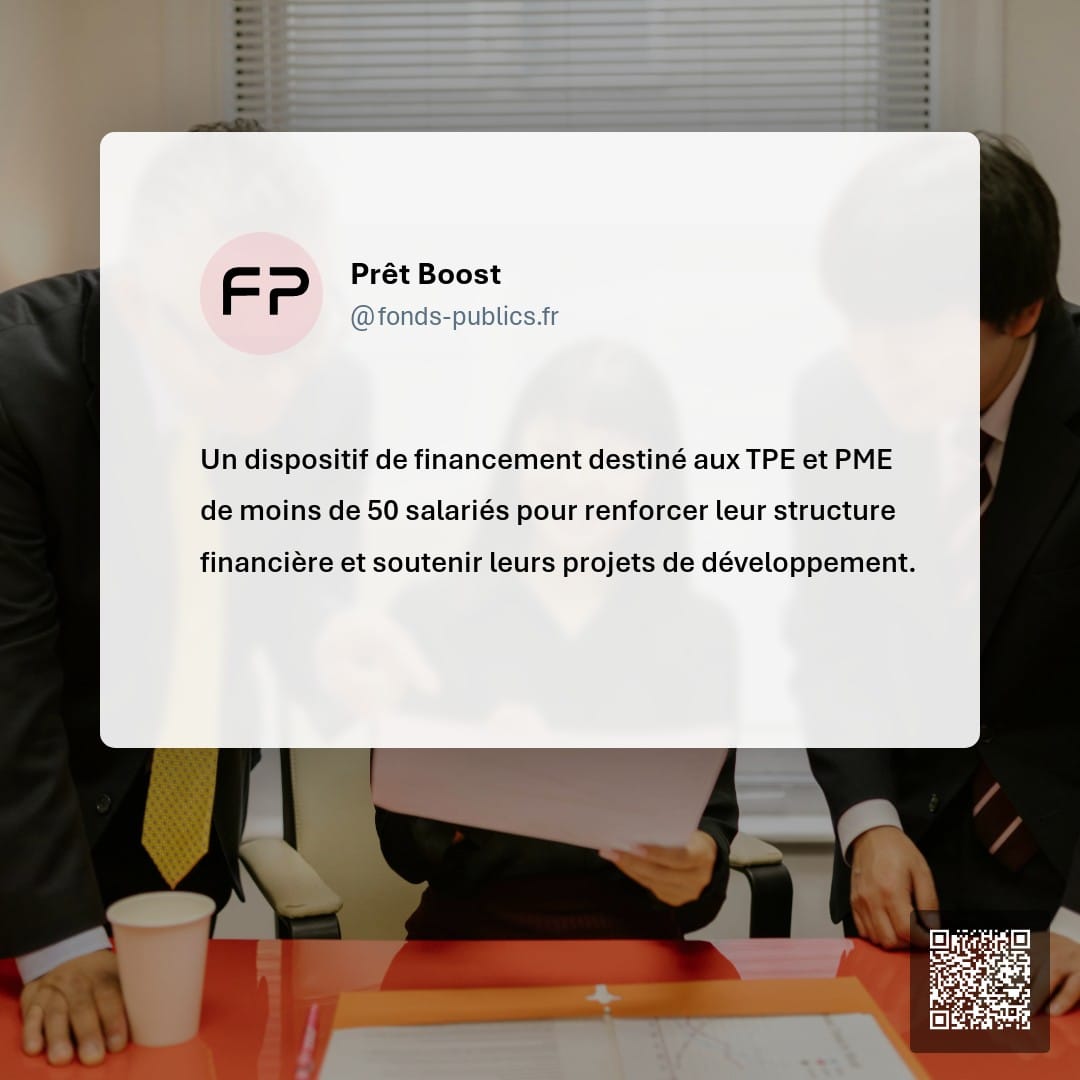 Prêt Boost : Un dispositif de financement destiné aux TPE et PME de moins de 50 salariés pour renforcer leur structure financière et soutenir leurs projets de développement.