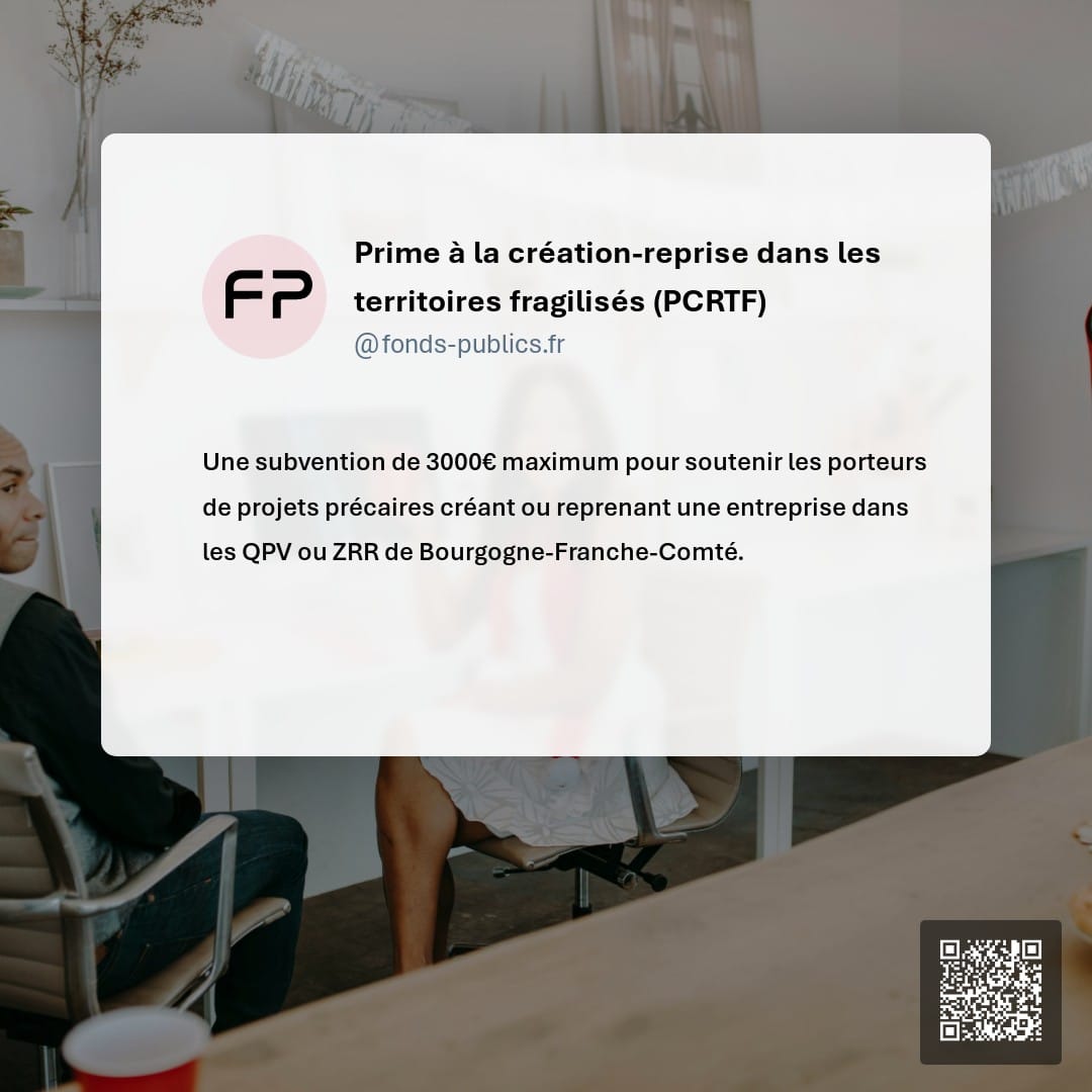 Prime à la création-reprise dans les territoires fragilisés (PCRTF) : Une subvention de 3000€ maximum pour soutenir les porteurs de projets précaires créant ou reprenant une entreprise dans les QPV ou ZRR de Bourgogne-Franche-Comté.