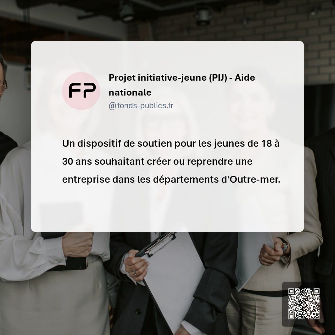 Projet initiative-jeune (PIJ) - Aide nationale : Un dispositif de soutien pour les jeunes de 18 à 30 ans souhaitant créer ou reprendre une entreprise dans les départements d'Outre-mer.