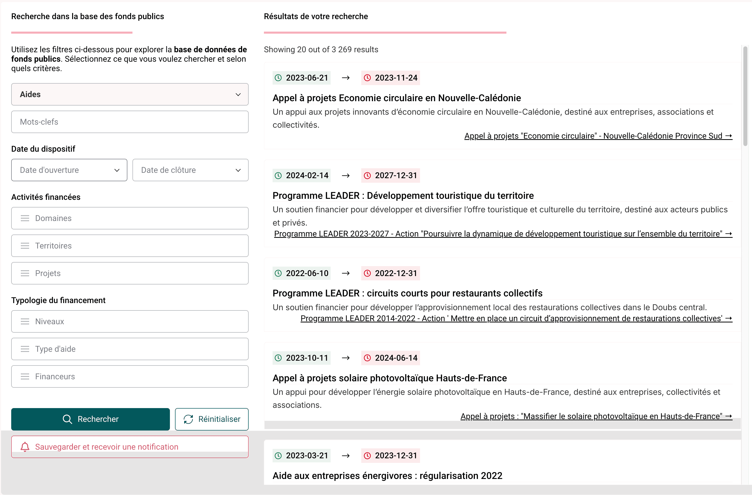 Interface de recherche de fonds publics