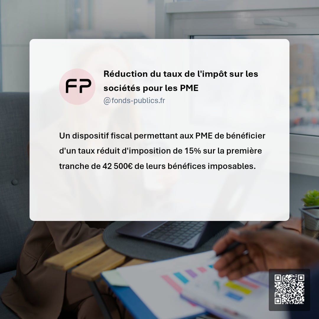 Réduction du taux de l'impôt sur les sociétés pour les PME : Un dispositif fiscal permettant aux PME de bénéficier d'un taux réduit d'imposition de 15% sur la première tranche de 42 500€ de leurs bénéfices imposables.