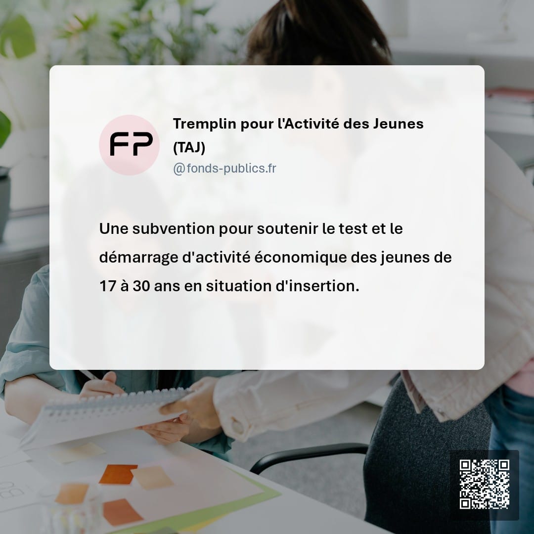 Tremplin pour l'Activité des Jeunes (TAJ) : Une subvention pour soutenir le test et le démarrage d'activité économique des jeunes de 17 à 30 ans en situation d'insertion.