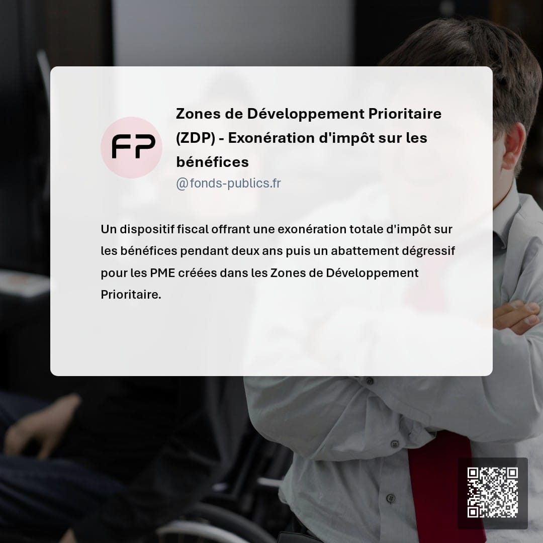 Zones de Développement Prioritaire (ZDP) - Exonération d'impôt sur les bénéfices : Un dispositif fiscal offrant une exonération totale d'impôt sur les bénéfices pendant deux ans puis un abattement dégressif pour les PME créées dans les Zones de Développement Prioritaire.