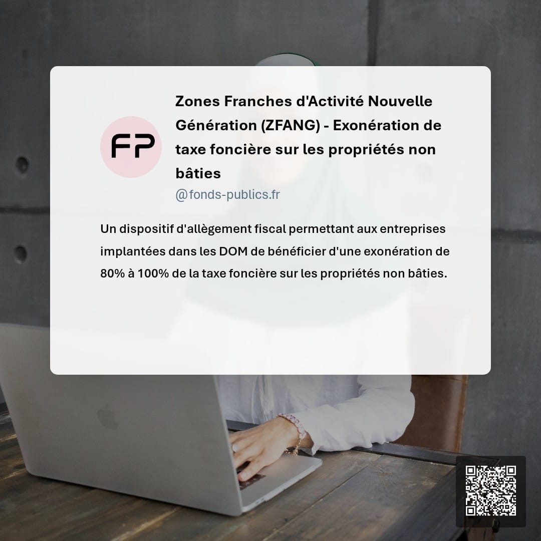 Zones Franches d'Activité Nouvelle Génération (ZFANG) - Exonération de taxe foncière sur les propriétés non bâties : Un dispositif d'allègement fiscal permettant aux entreprises implantées dans les DOM de bénéficier d'une exonération de 80% à 100% de la taxe foncière sur les propriétés non bâties.